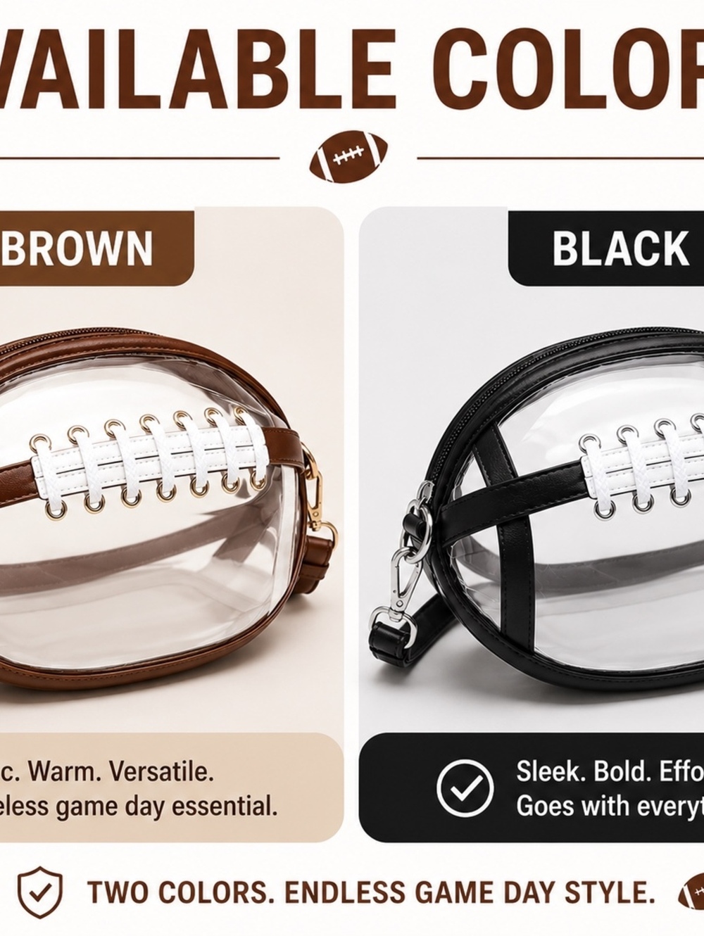 Football-Shaped Clear Crossbody Bag Stadium Approved Brown Purse - Picture 8 of 13